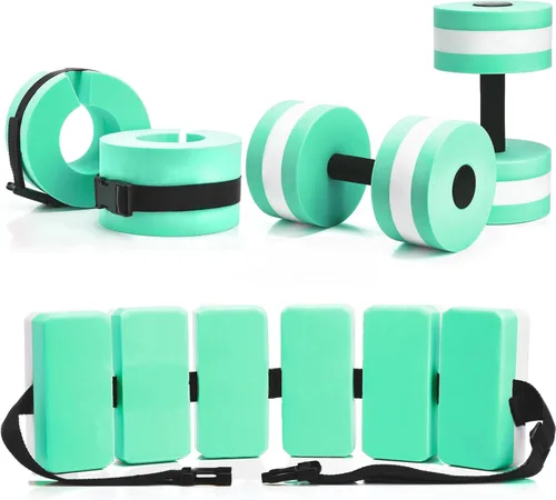 Vista 10 de Juego de 5 ejercicios acuáticos para piscina, incluye 2 mancuernas ligeras de agua, 2 pesas de natación de tobillo y cinturón de natación