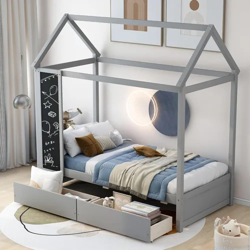 Vista 23 de Cama de madera de tamaño individual con dos cajones y techo, cama de plataforma con 2 cabeceros, para dormitorio de niños, adolescentes, niñas