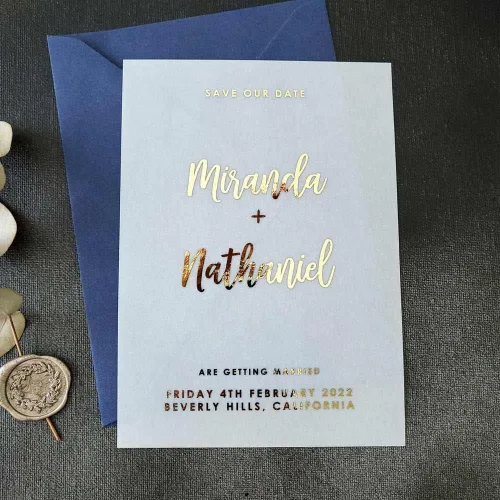Vista 4 de Personalized Wedding Save the Date Vellum Cards, Save our Date Gold Foiled Vellum Invites, Custom Save or Change the Date, Silver, Rose Gold