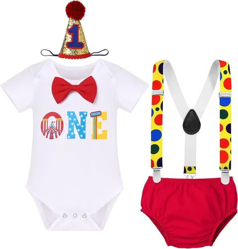 Vista 10 de IBTOM CASTLE Disfraz de carnaval de circo para el primer cumpleaños con temática de carnaval para bebé niño con tirantes y pajarita, sombrero