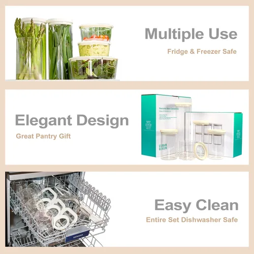 Vista 3 de Urban Green Tarro de almacenamiento de alimentos de vidrio con tapa de vidrio, juego de recipientes de alimentos con tapas herméticas, tarro