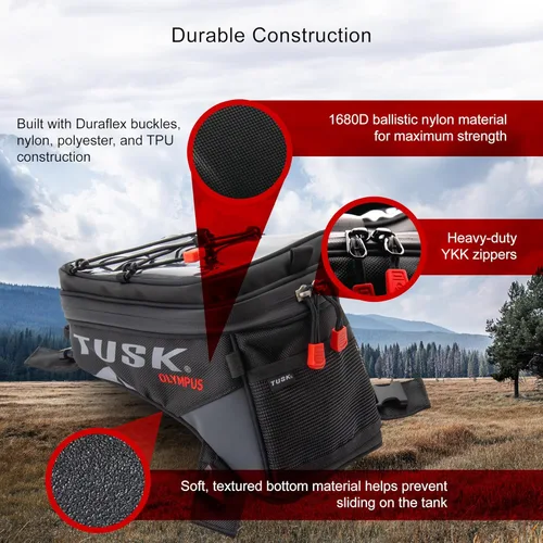 Vista 3 de TUSK Olympus Bolsa de Tanque Grande – 8L Equipaje para Motocicleta, Negro/Gris, Cremalleras Impermeables, Bolsillo para Teléfono y Mapa, Se Adapta a