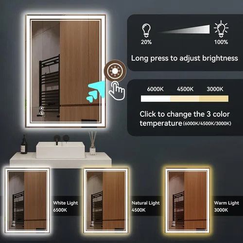 Vista 4 de Paquete de 2 espejos LED de baño de 24 x 32 pulgadas, espejo LED sin niebla para baño, regulable, 3 colores, espejo de baño con luces, espejo