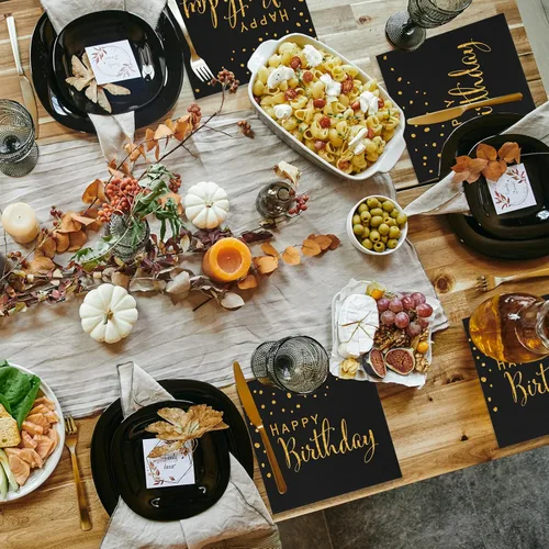 Vista 5 de DYLIVeS Servilletas de feliz cumpleaños, servilletas de papel de aluminio negro y dorado, servilletas de papel desechables para cena, picnic