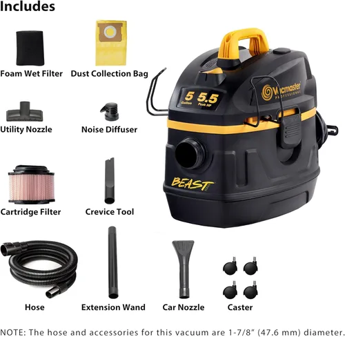 Vista 2 de Vacmaster Professional Serie Beast VFB511H 0201 Aspiradora para trabajos húmedos/secos de 5 galones, 5.5 picos de HP, color negro