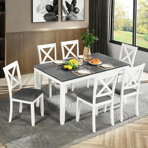 LUMISOL Juego de mesa de comedor de 7 piezas con 6 sillas, juego de mesa de cocina de granja con para 6 personas, juego de mesa y sillas de madera