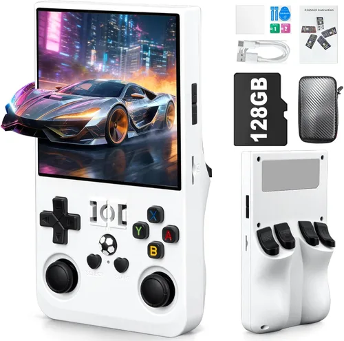 R36MAX - Consola de videojuegos retro, compatible con más de 22000 juegos clásicos, tarjeta TF de 128 G, consola portátil con pantalla de 4.0