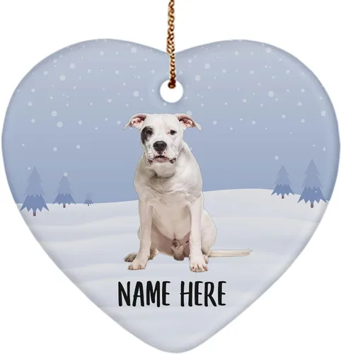 Personalized Name Dogo Argentino Sitting Christmas Tree Ornaments Ceramic Heart Decorations Gifts for Dog Lovers