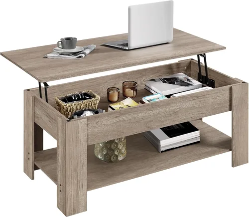 Vista 16 de Yaheetech Mesa de Centro con Tapa Elevable con Compartimento Oculto y Estante de Almacenamiento, Mesa de Comedor con Superficie Elevable para Sala