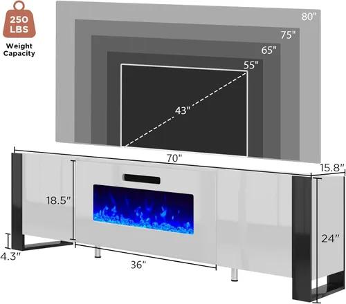Vista 7 de AMERLIFE Soporte de TV con chimenea de 36 pulgadas, luces LED modernas de alto brillo para centro de entretenimiento de 70 pulgadas, patas