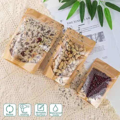 Vista 5 de 100 bolsas de pie, bolsas de papel kraft de 3.5 x 5.5 pulgadas con ventana transparente, bolsas reutilizables con cremallera para almacenamiento