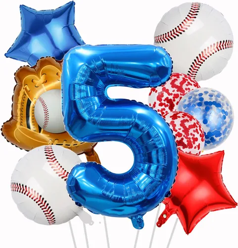 Vista 64 de Globos de béisbol de papel de aluminio para decoración de cumpleaños, globos de guante, globo de confeti de estrella roja y azul para novato