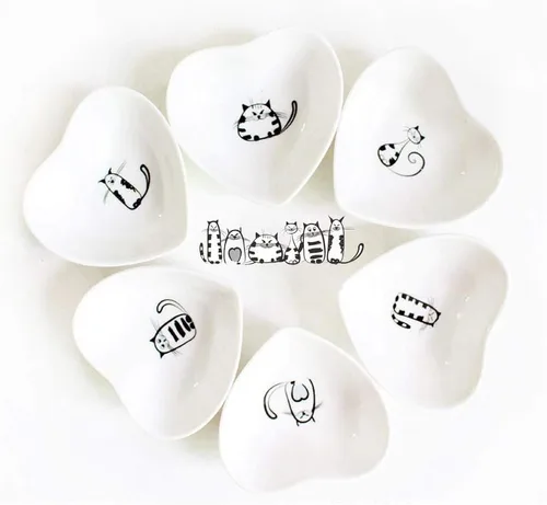 Vista 6 de Lindos platos de cerámica para salsas laterales de gato, mini plato de condimentos en forma de corazón, cuenco de sushi y soja, platillos