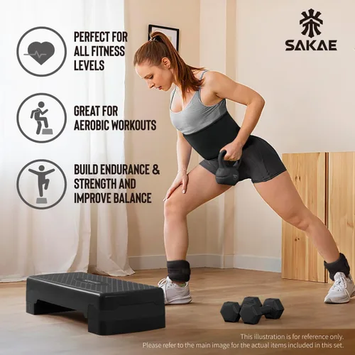 Vista 4 de SAKAE Set de Plataforma de Step Aeróbicos con Kettlebell y Cinta Métrica, Steps Aeróbicos para Ejercicio en Casa, Altura Ajustable 2 Niveles
