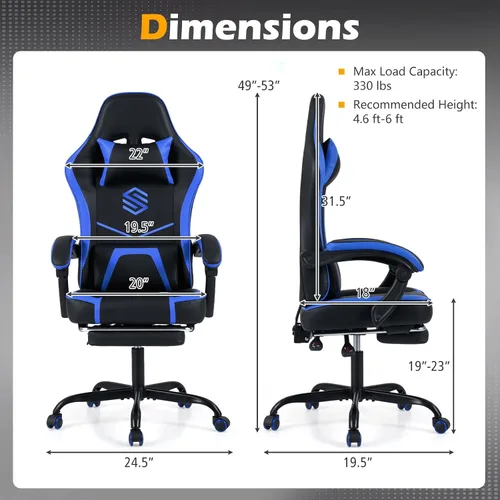 Vista 3 de GIANTEX Silla para videojuegos, silla de escritorio de computadora de altura ajustable con reposacabezas, soporte lumbar, reposabrazos de Azul