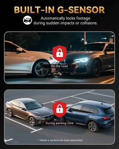 Vista 10 de Cámara de tablero frontal y trasera 4K+4K, tarjeta gratuita de 128 GB incluida, cámara WiFi de 5.8 GHz para autos, GPS integrado, sensor G, gran