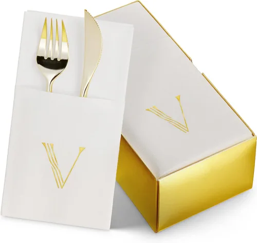 Vista 10 de Paquete de 50 servilletas con monograma con bolsillo para cubiertos, 16 x 16 pulgadas, servilletas desechables de lino con letra B, servilletas