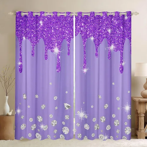 Feelyou Cortinas con Estampado de Purpurina Plateada (Sin Purpurina) Decoraciones Brillantes de Cortina Cortinas Oscurecedoras Moradas para Ventana