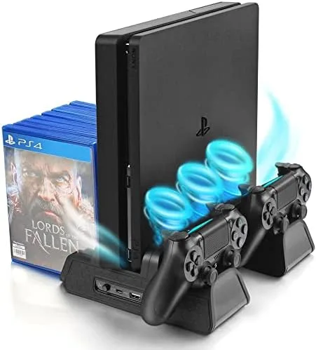 URWOOW Vertical Stand for PS4PS4 SlimPS4 Pro - Cooling Fan with PS4 Charger Controller Charging Station with Game Storage Black