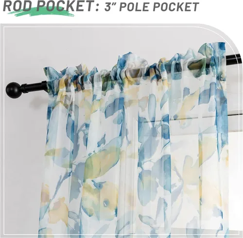 Vista 4 de VISIONTEX Cortinas transparentes con estampado de gasa, estilo abstracto europeo, estampado de hojas azules y amarillas, 2 paneles para decoración