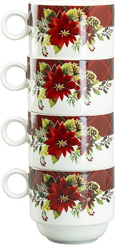 Vista 4 de Juego de 4 tazas apilables de café y té de 10 onzas con soporte de metal (Poinsettia)