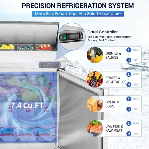 Vista 3 de Refrigerador de 27 pulgadas de ancho y 1 puerta, mesa de preparación de ensalada, refrigerador comercial de acero inoxidable con tabla de cortar, 1