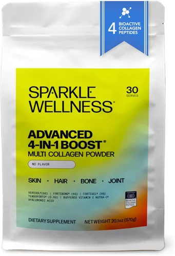 Vista 9 de Sparkle Wellness Advanced 4 en 1 Boost Polvo de colágeno múltiple clínicamente probado con VERISOL, FORTIBONE, FORTIGEL, TENDORFORTE con HA