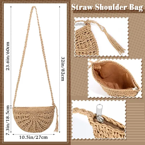Vista 2 de Hicarer Beach Purse Earrings Set Straw Bag Vacation Purse with 4 Rattan Boho Tropical Earrings Leopard Bracelet