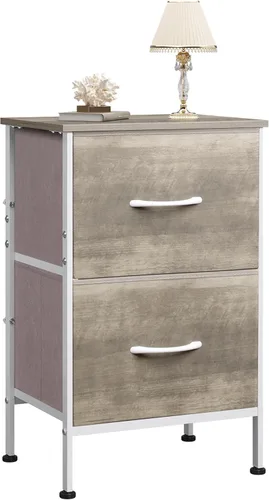 Vista 22 de WLIVE - Mesita de noche con 2 cajones, cómoda pequeña con 2 cajones para dormitorio, mueble de noche, mesa auxiliar con compartimentos de tela