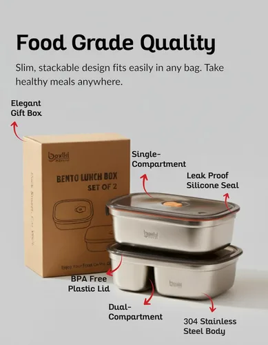 Vista 2 de Boxiki Kitchen Lonchera Bento de 2 piezas, a prueba de fugas, sin BPA, aptos para lavavajillas, con compartimentos, caja Bento reutilizable