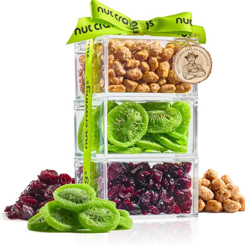 Vista 14 de NUT CRAVINGS - Cesta de regalo para el día de la madre, frutas secas y frutos secos mixtos, torre roja + cinta de corazón (12 surtidos), arreglo