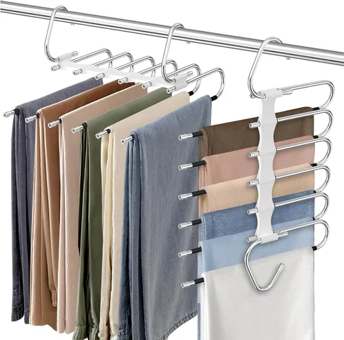 Vista 7 de Perchas para pantalones de 9 niveles que ahorran espacio, paquete de 2 organizadores multifuncionales de acero inoxidable para armario para Blanco