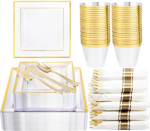 DaYammi 175 PCS Platos de Plástico Transparente Dorado, Juegos de Vajilla de Plástico Dorado, Incluye: 25 Platos de Cena, 25 Platos de Ensalada, 25