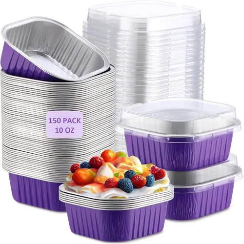 Vista 21 de Aoriher 150 moldes cuadrados de 10 onzas para pasteles con tapas, tazas de brownie de aluminio para hornear, moldes desechables para cupcakes
