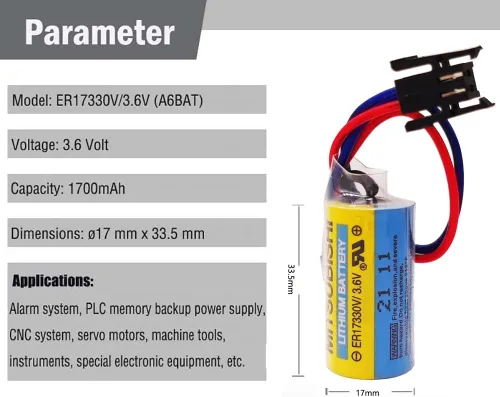 Vista 3 de Paquete de 5 baterías de litio A6BAT ER17330V 3.6V 1700mAh PLC MR-BAT con enchufe para sistema CNC FANUC, azul