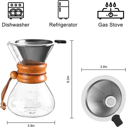 Vista 2 de FrutPunch Cafetera con filtro de acero inoxidable, verter sobre café, verter sobre el gotero, 13.5 onzas, cafetera de goteo, jarra de alta