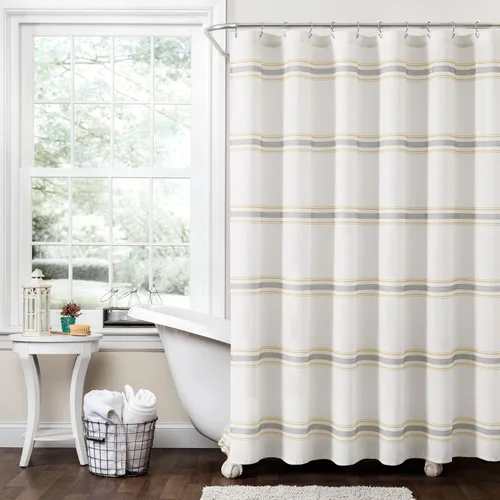Vista 13 de Cortina de regadera de algodón a rayas estilo rústico de Lush Decor, 72 x 72 pulgadas, negra - Cortina de baño a rayas - Cortinas de ducha de tela