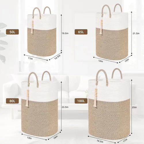 Vista 8 de Cesta de lavandería tejida para ropa, cestas de lavandería rectangulares grandes de 50L con borlas de cuentas, cesta de almacenamiento de guardería