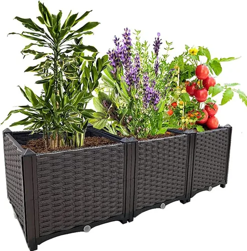 Vista 13 de Macetas elevadas de plástico para cama de jardín elevada con patas para plantas al aire libre, kits de caja con agujeros de drenaje para patio