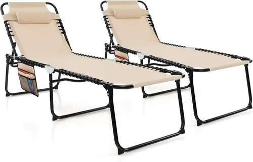 Vista 10 de Giantex Sillas de patio para exteriores, silla de bronceado plegable con reposacabezas, 4 posiciones ajustables, bolsillo lateral, tumbona al aire