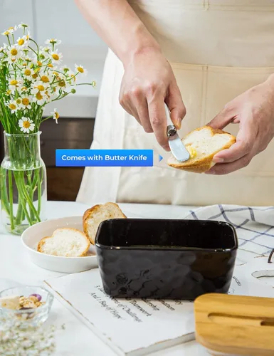 Vista 4 de Mantequillera con tapa, plato grande de mantequilla para encimera, recipiente de mantequilla de cerámica con cuchillo, doble sello de silicona