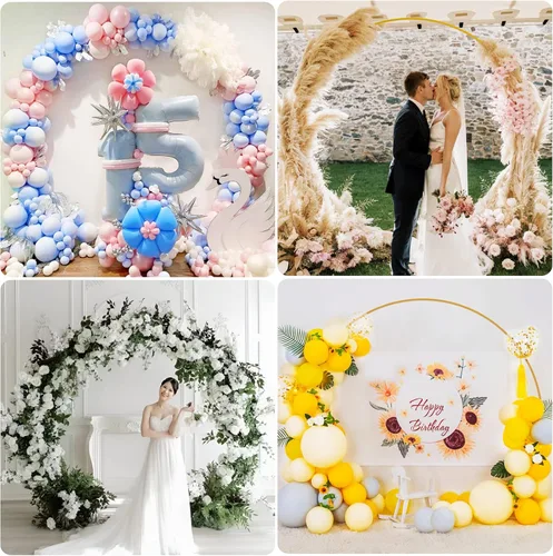 Vista 6 de Wokceer Soporte redondo para telón de fondo de 8 pies, arco de boda dorado, soporte de arco de globos de círculo de metal para fiesta de cumpleaños