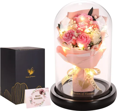 Vista 11 de Regalos de rosa de Navidad para mujeres, regalos de cumpleaños, rosa La Bella y la Bestia en cúpula de cristal con 2 modos de luz, rosa encantada