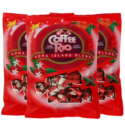 Coffee Rio Kona Island Blend - Caramelos de café, paquete de 3 (6 onzas cada uno), caramelos duros envueltos individualmente mezclados con crema