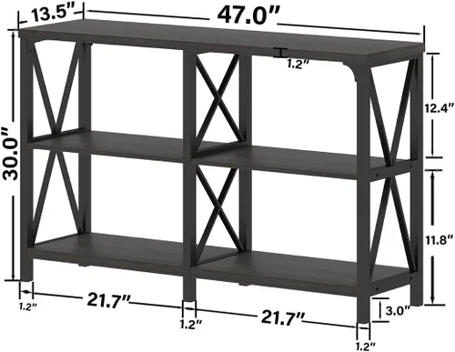 Vista 28 de IBF Mesa de entrada de granja, mesa consola larga rústica detrás del sofá, moderna mesa de sofá de madera de metal con estantes de almacenamiento