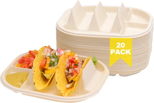 Vista 11 de Pequeños platos desechables para tacos con lados de inmersión, paquete de 100 unidades, soporte para tacos de almidón de maíz biodegradable