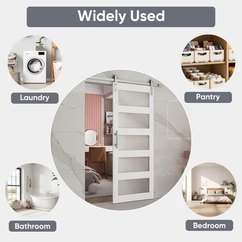 Vista 4 de BARNSMITH Puerta de granero de vidrio de 32 x 84 pulgadas con herrajes para puerta corrediza de níquel cepillado de 5.5 pies incluidos y asa, Blanco