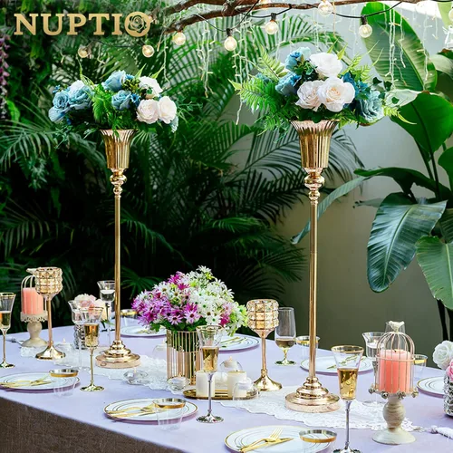 Vista 4 de NUPTIO Jarrón de centro de mesa alto dorado: 2 piezas de 30.5 "Soporte de flores de boda para mesa jarrón de trompeta de metal para decoraciones