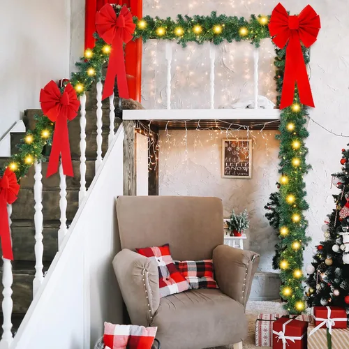 Vista 5 de Knitgrip 2 piezas de decoraciones de valla de Navidad de 9 pies en total de 18 pies con luz solar, guirnalda de Navidad al aire libre con 4 lazos