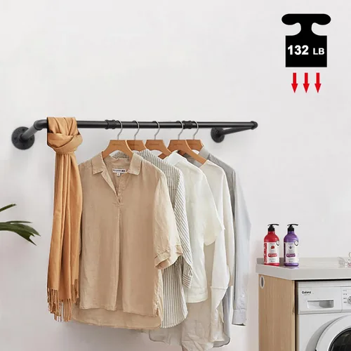 Vista 6 de Livabber Perchero Industrial de Tubería para Ropa, Perchero de Hierro Resistente Desmontable Montado en Pared, Barra de Ropa Rústica que Ahorra